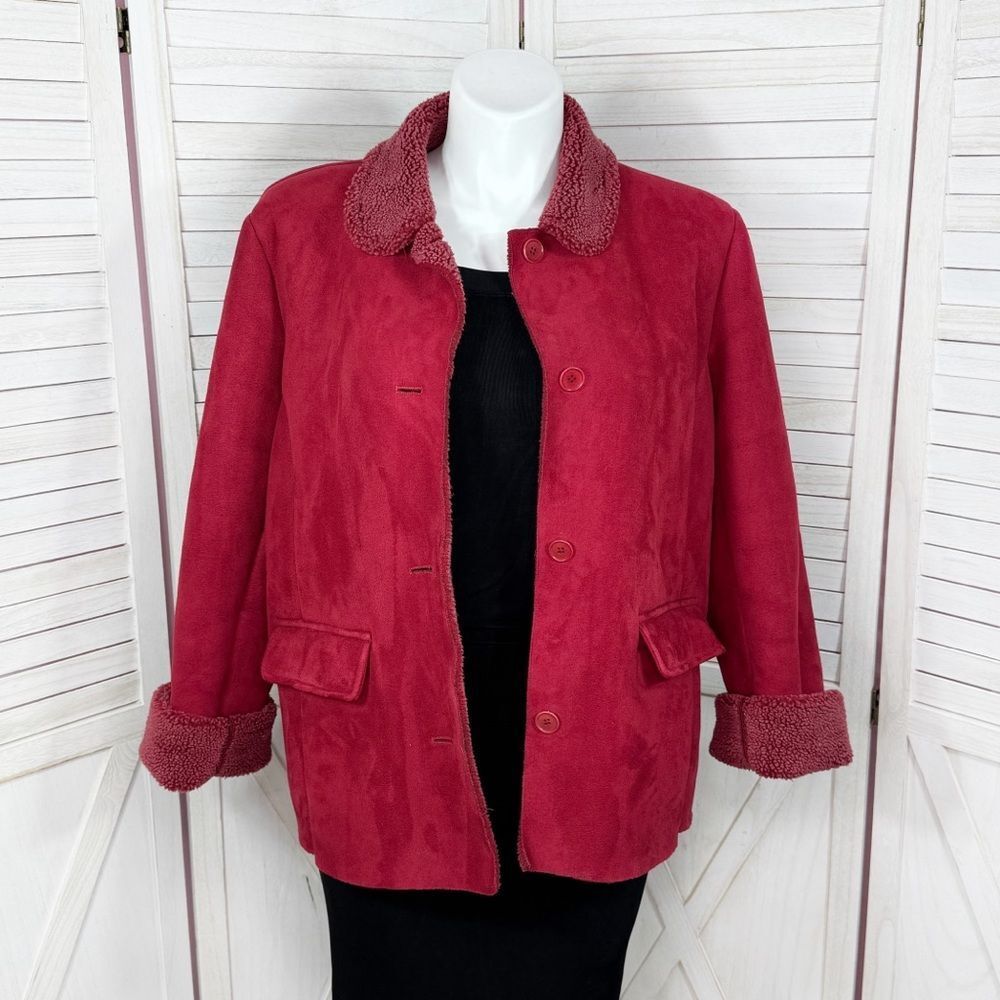 Lands' End Coat Women XL Red Faux Suede Sherpa Lined Chore Cherry Button Front